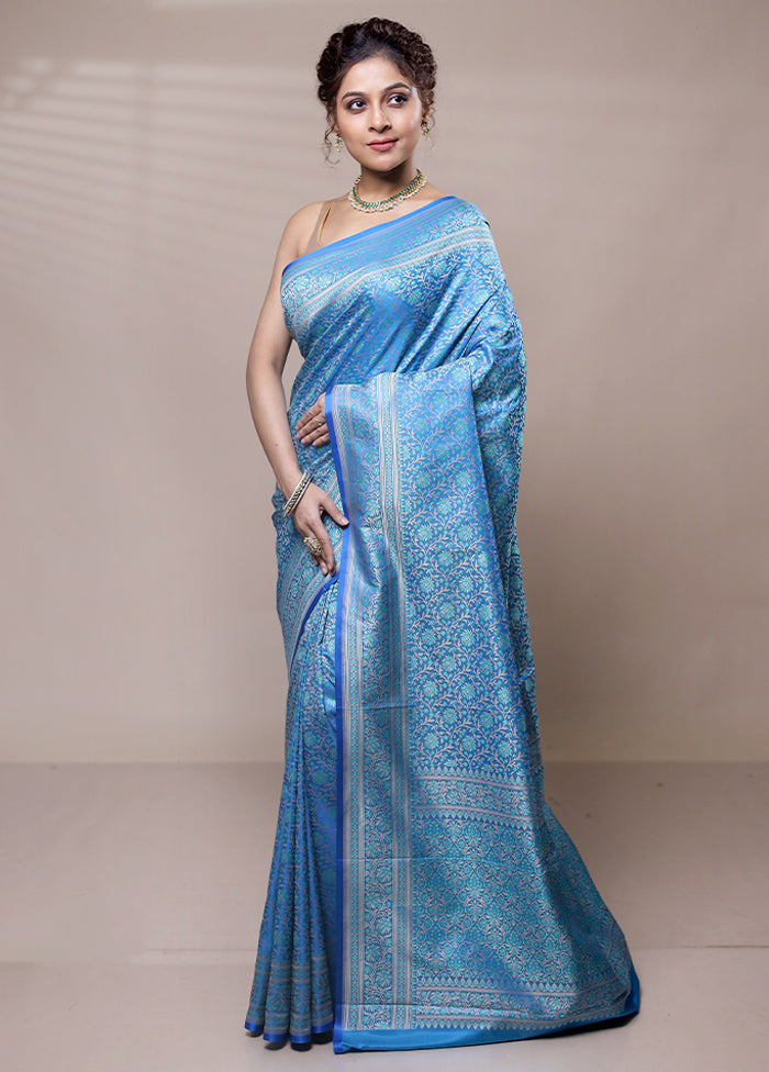 Blue Jamewar Silk Saree With Blouse Piece