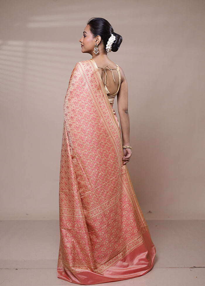 Peach Jamewar Silk Saree With Blouse Piece