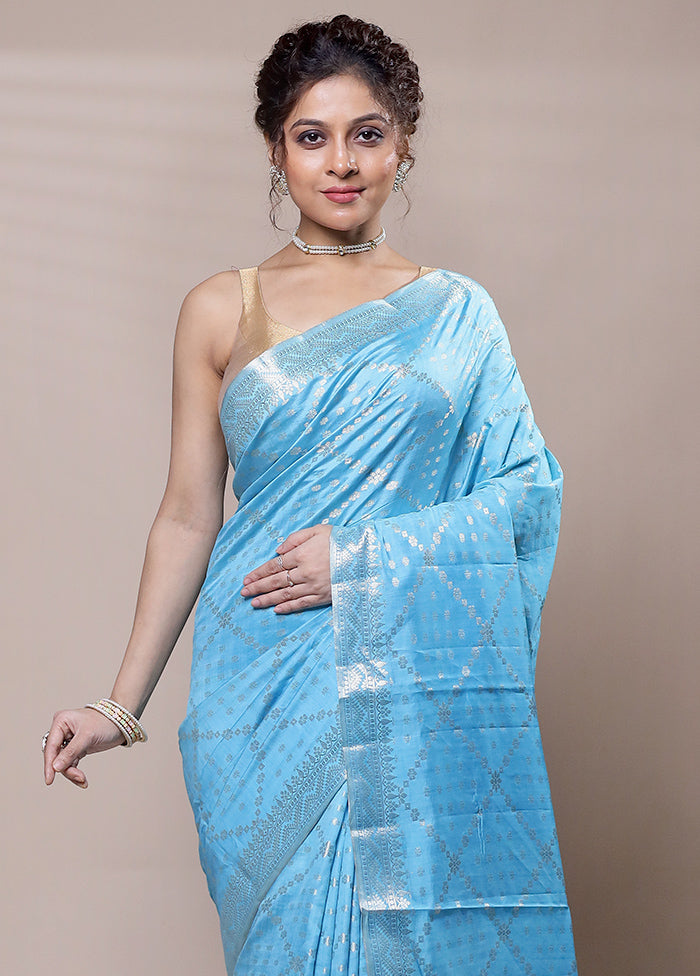 Blue Dupion Silk Saree With Blouse Piece