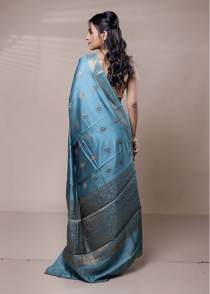 Blue Dupion Silk Saree With Blouse Piece