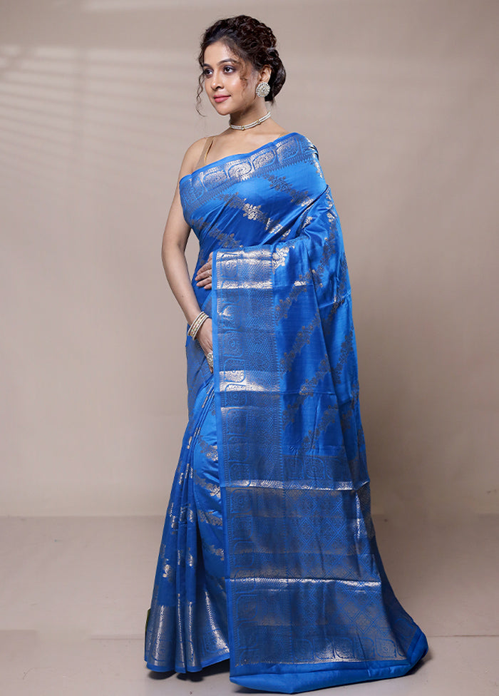 Blue Dupion Silk Saree With Blouse Piece