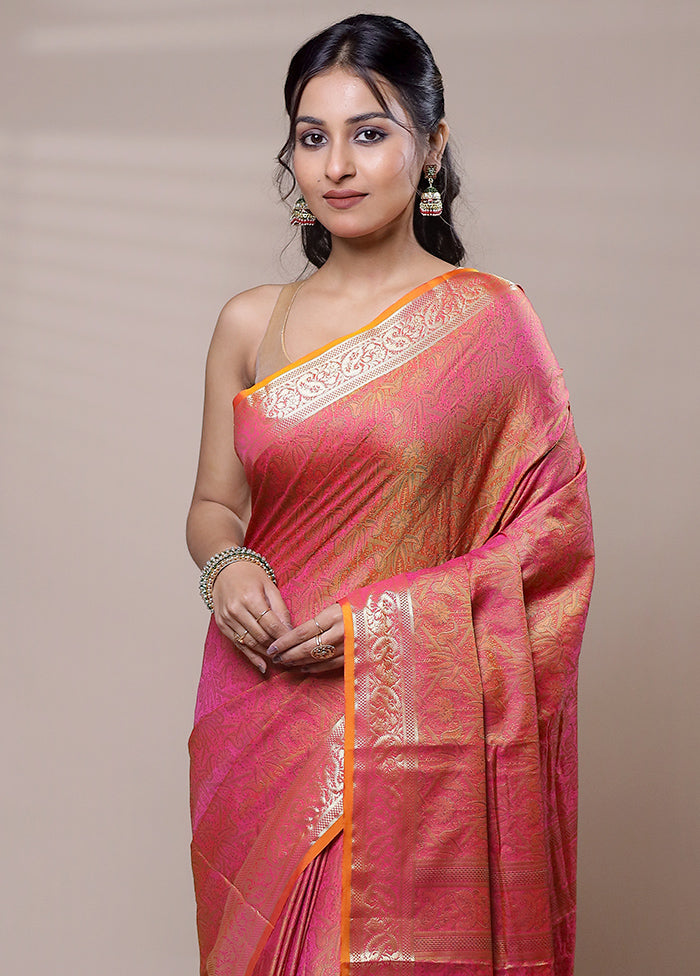 Pink Jamewar Silk Saree With Blouse Piece