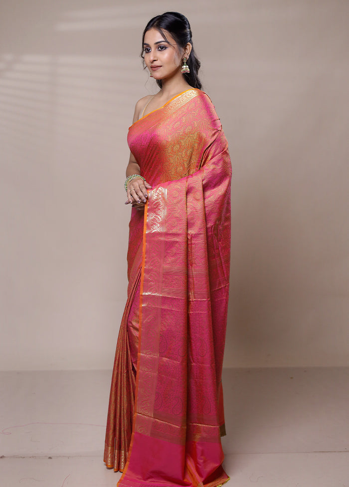 Pink Jamewar Silk Saree With Blouse Piece