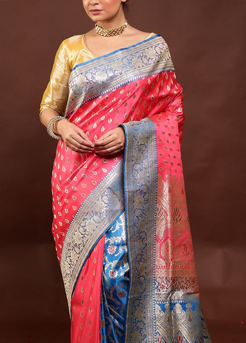 Pink Handloom Banarasi Pure Silk Saree With Blouse Piece