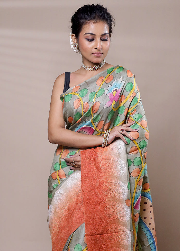 grey Tussar Silk Saree With Blouse Piece