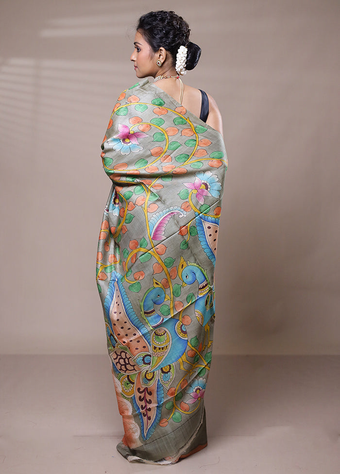 grey Tussar Silk Saree With Blouse Piece