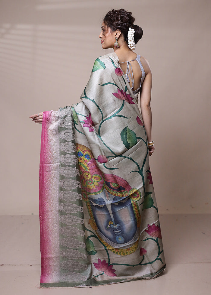 Grey Tussar Silk Saree With Blouse Piece