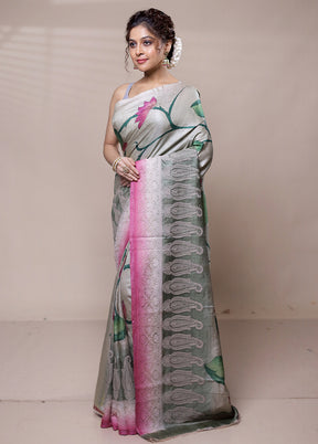 Grey Tussar Silk Saree With Blouse Piece