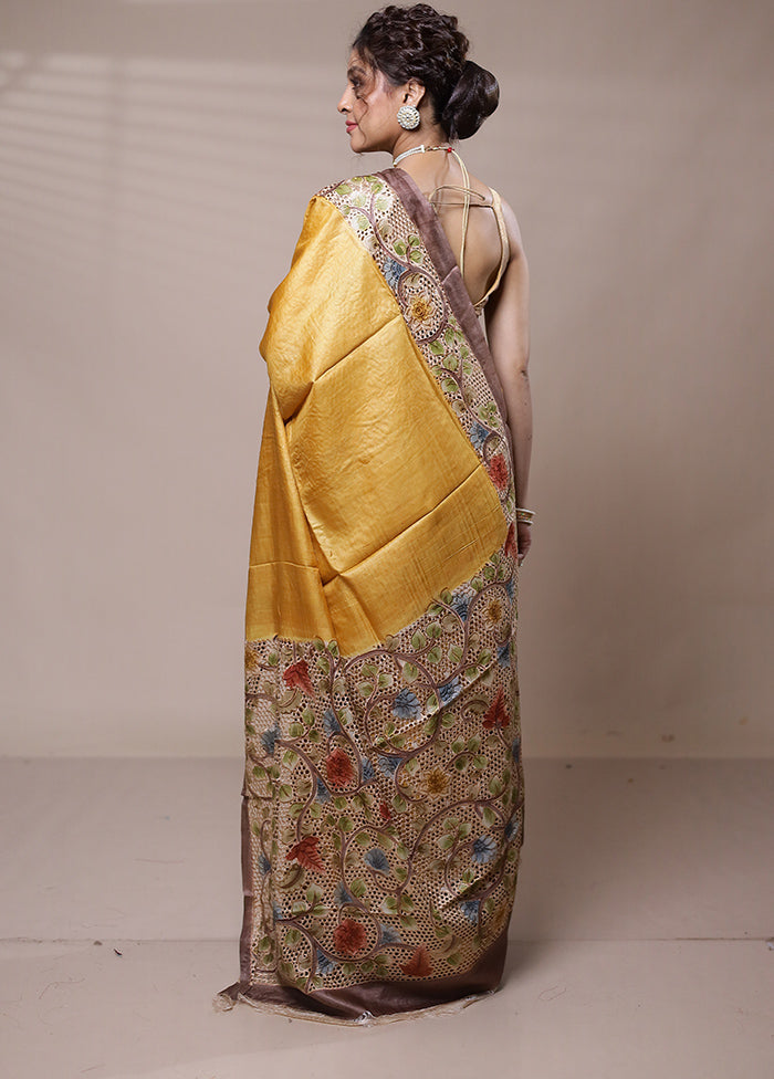 Yellow Tussar Silk Saree With Blouse Piece