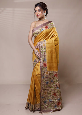 Yellow Tussar Silk Saree With Blouse Piece