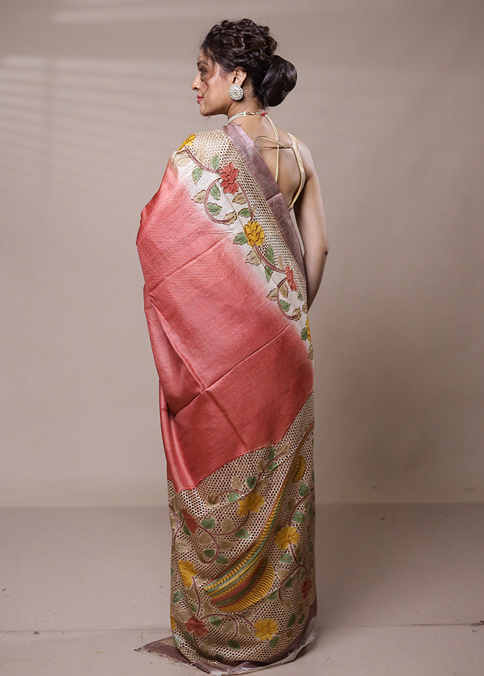 Pink Tussar Silk Saree With Blouse Piece