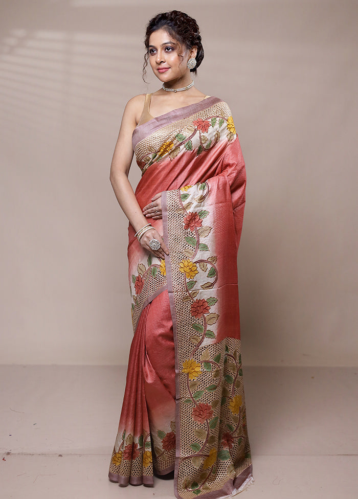 Pink Tussar Silk Saree With Blouse Piece