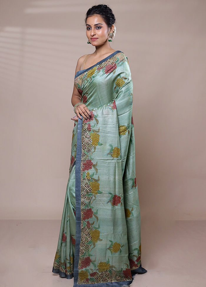 Green Tussar Silk Saree With Blouse Piece