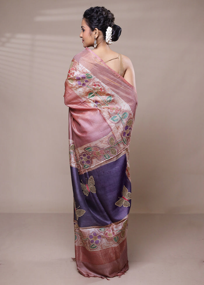 Pink Tussar Silk Saree With Blouse Piece