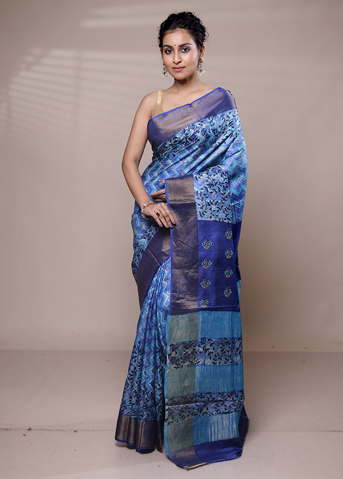 Blue Tussar Silk Saree With Blouse Piece