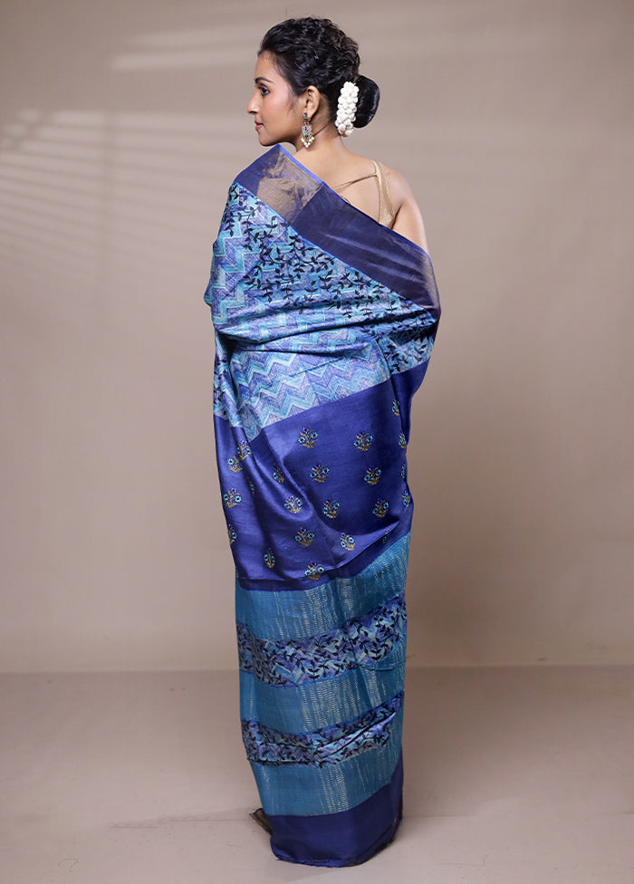 Blue Tussar Silk Saree With Blouse Piece