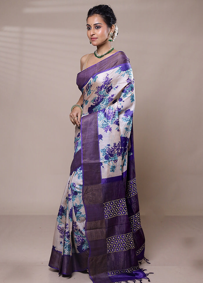 Cream Tussar Silk Saree With Blouse Piece