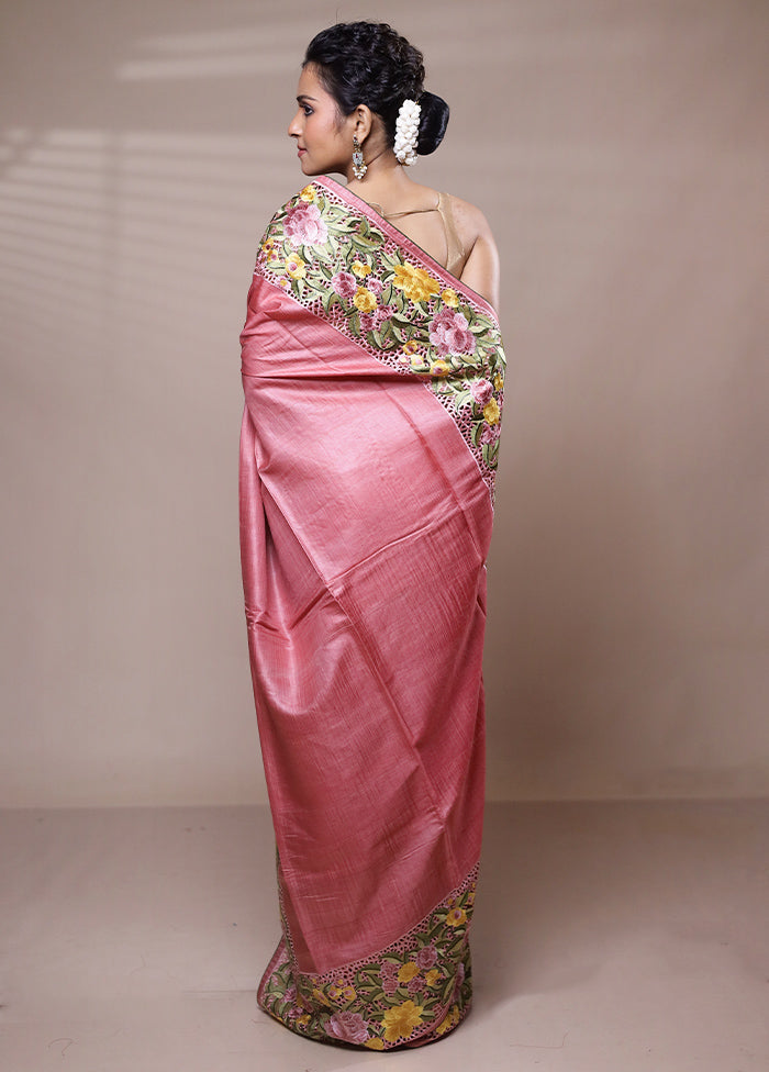 Pink Tussar Silk Saree With Blouse Piece