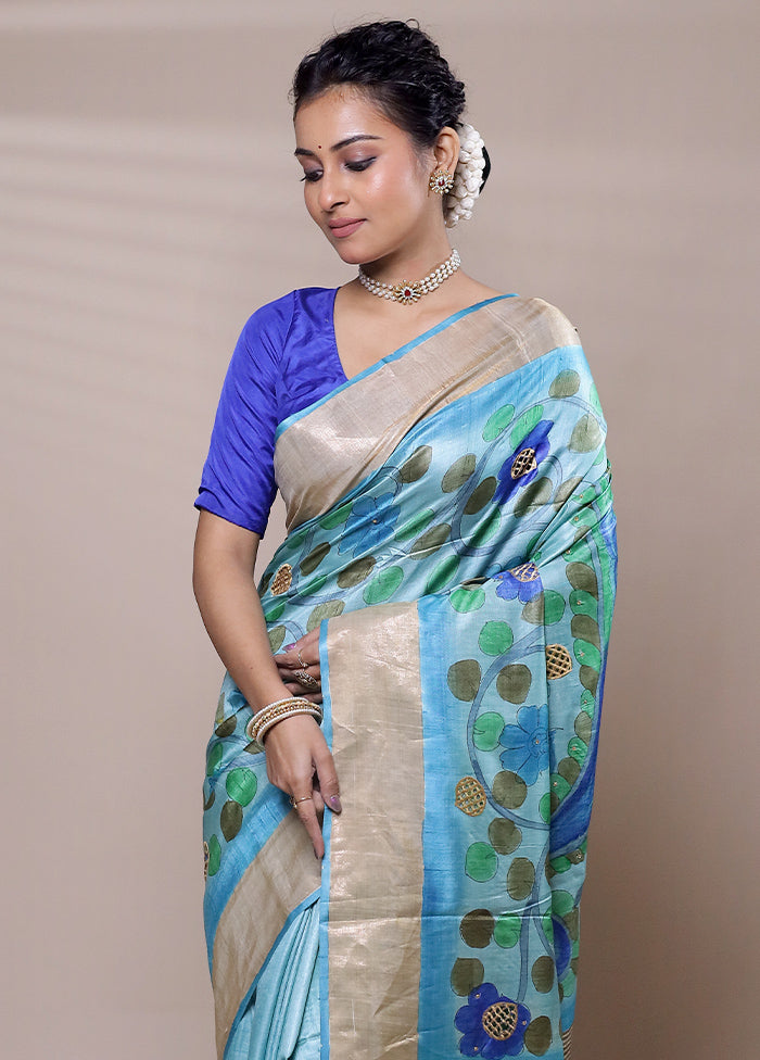 Blue Tussar Silk Saree With Blouse Piece