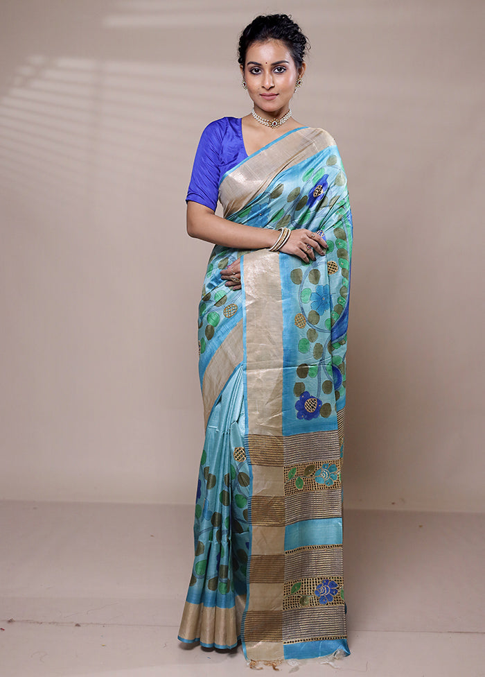 Blue Tussar Silk Saree With Blouse Piece