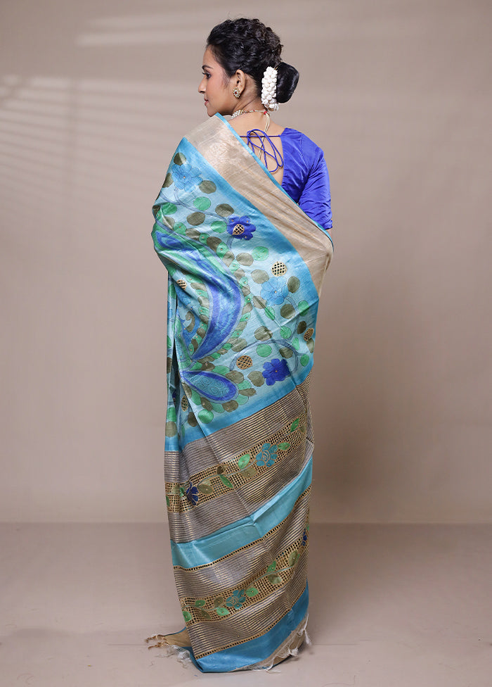 Blue Tussar Silk Saree With Blouse Piece