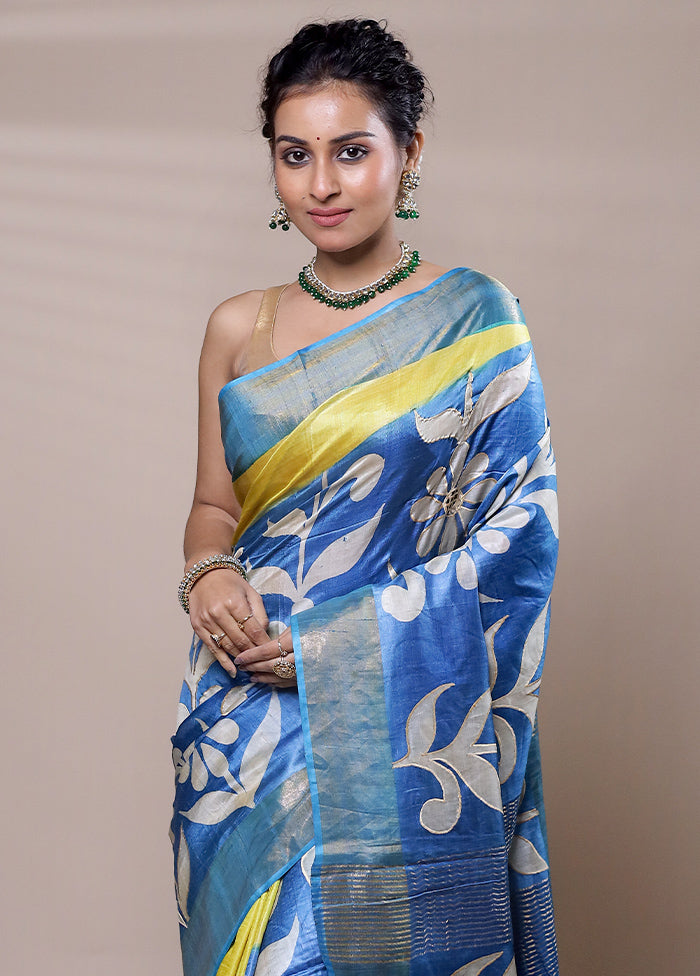 Blue Tussar Silk Saree With Blouse Piece