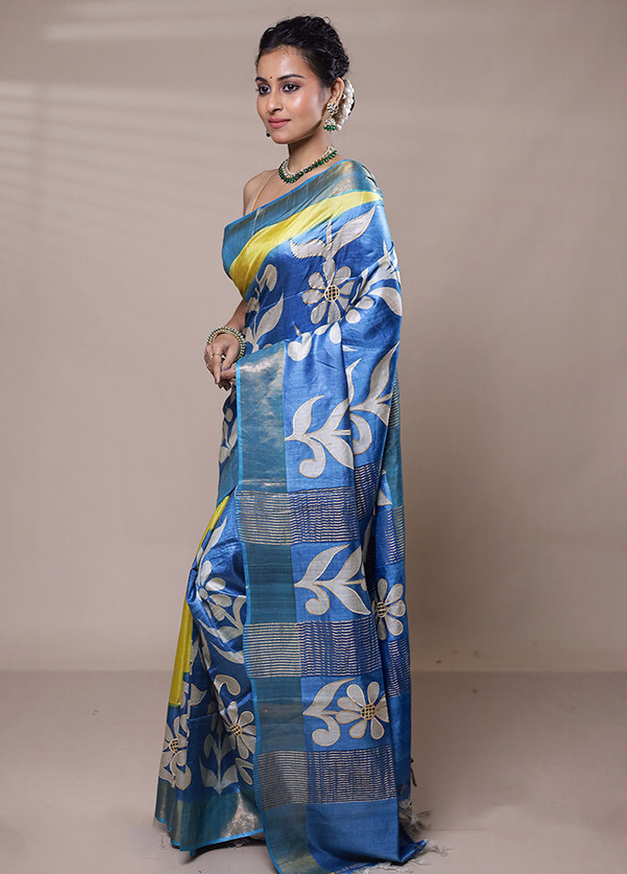 Blue Tussar Silk Saree With Blouse Piece