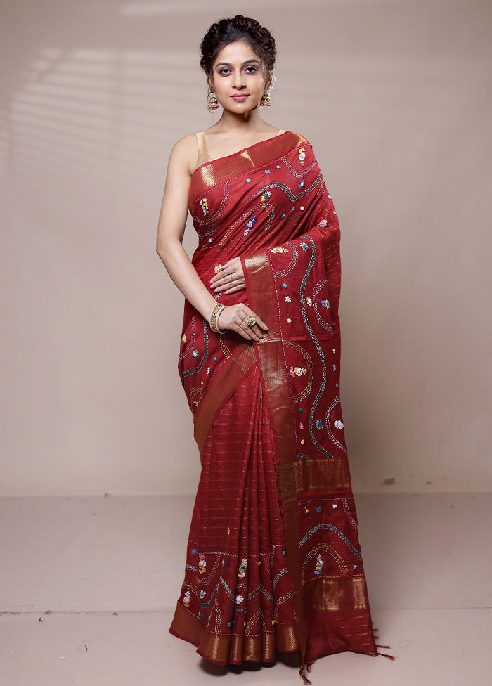 Red Tussar Silk Saree With Blouse Piece