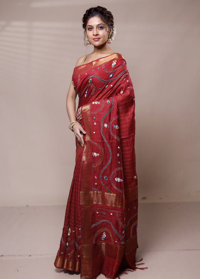 Red Tussar Silk Saree With Blouse Piece