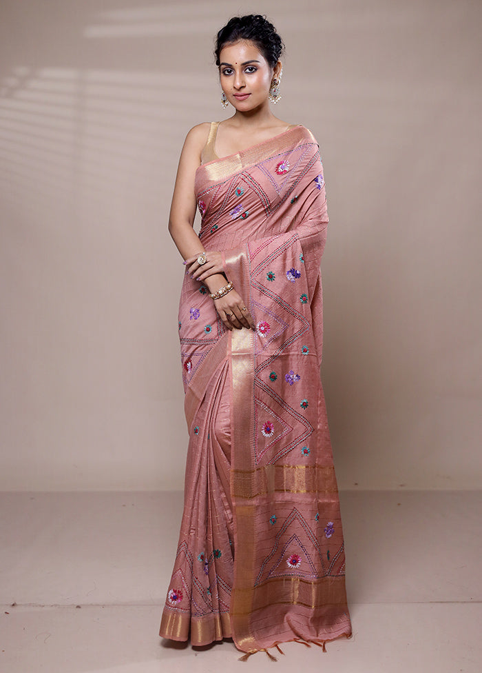 Pink Tussar Silk Saree With Blouse Piece