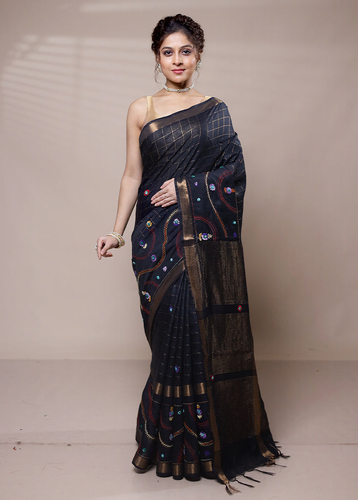 Black Tussar Silk Saree With Blouse Piece