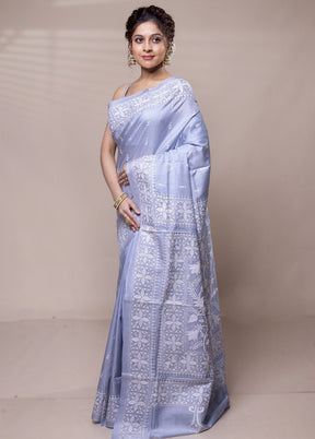 Grey Handloom Kantha Stitch Pure Silk Saree With Blouse Piece