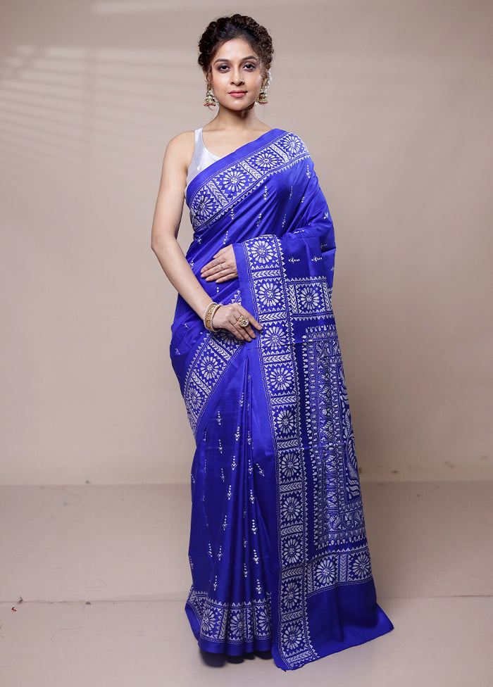 Blue Handloom Kantha Stitch Pure Silk Saree With Blouse Piece