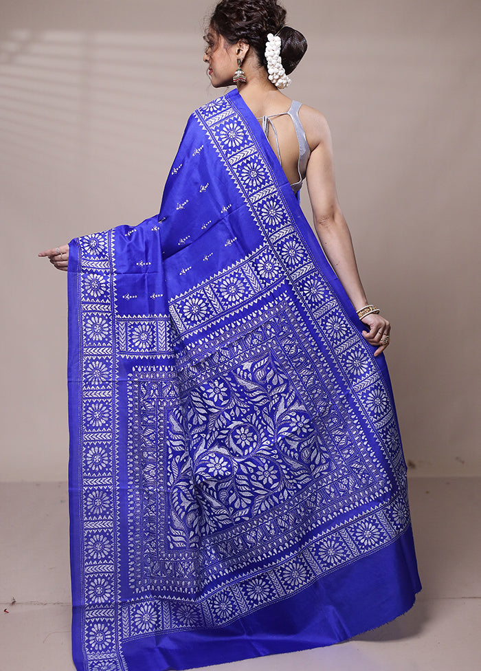 Blue Handloom Kantha Stitch Pure Silk Saree With Blouse Piece