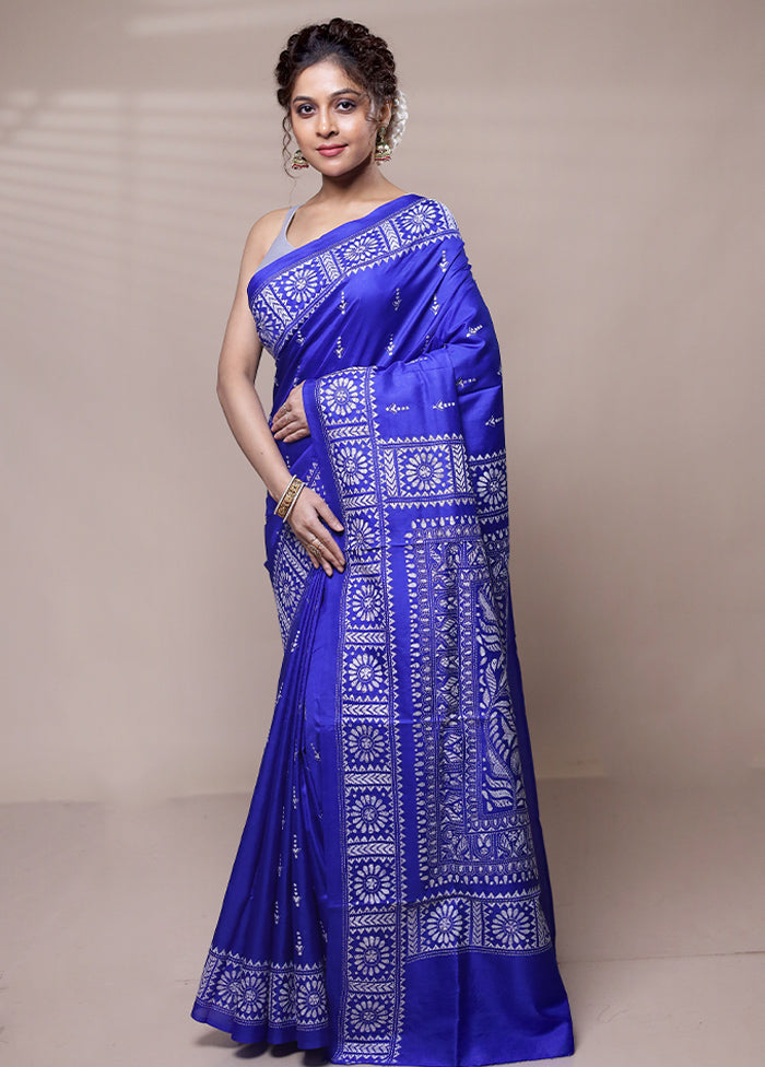 Blue Handloom Kantha Stitch Pure Silk Saree With Blouse Piece