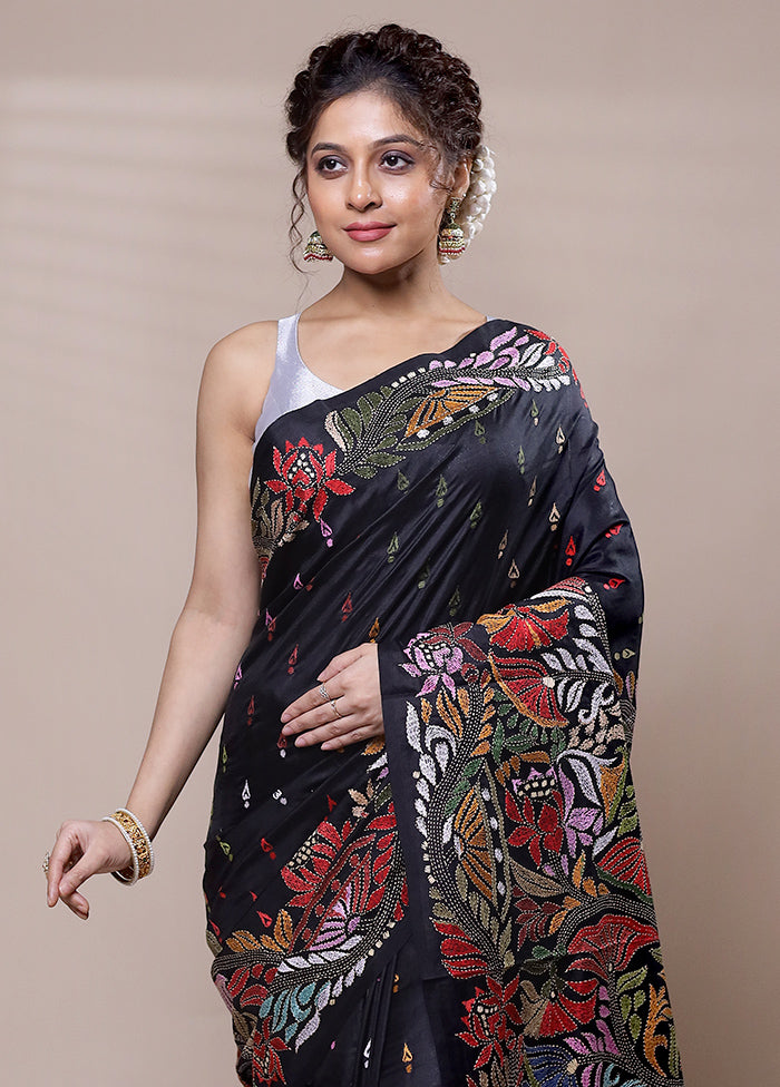 Black Handloom Kantha Stitch Pure Silk Saree With Blouse Piece