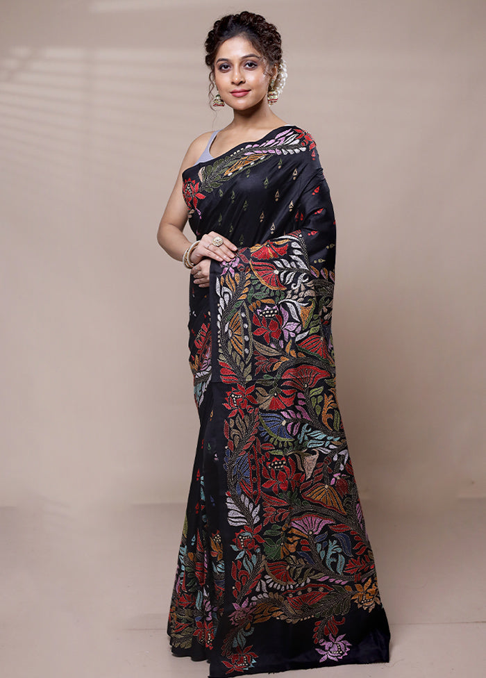 Black Handloom Kantha Stitch Pure Silk Saree With Blouse Piece