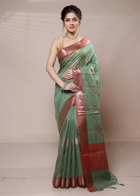 Green Dupion Silk Saree With Blouse Piece