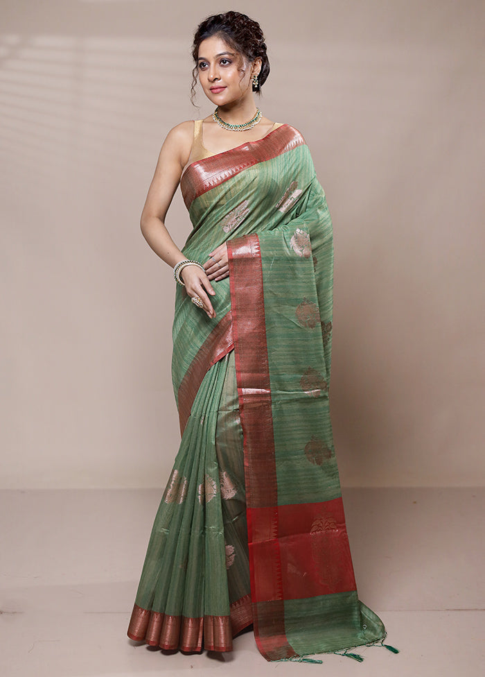 Green Dupion Silk Saree With Blouse Piece