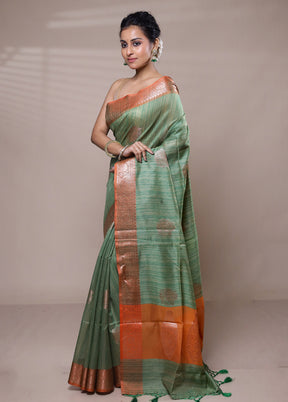 Green Dupion Silk Saree With Blouse Piece