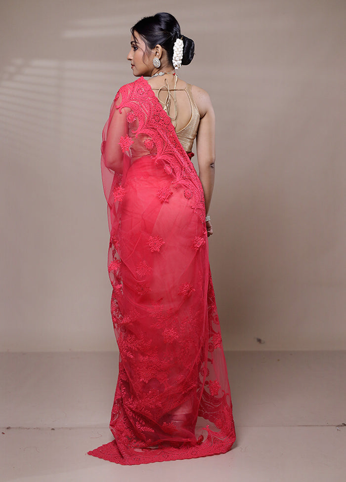 Pink Net Saree With Blouse Piece