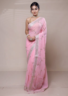 Pink Net Saree With Blouse Piece