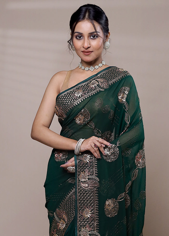 Green Net Saree With Blouse Piece