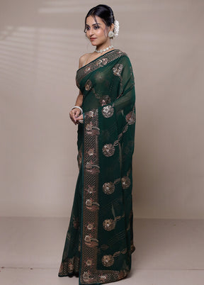 Green Net Saree With Blouse Piece