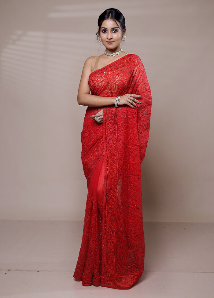 Red Net Saree With Blouse Piece