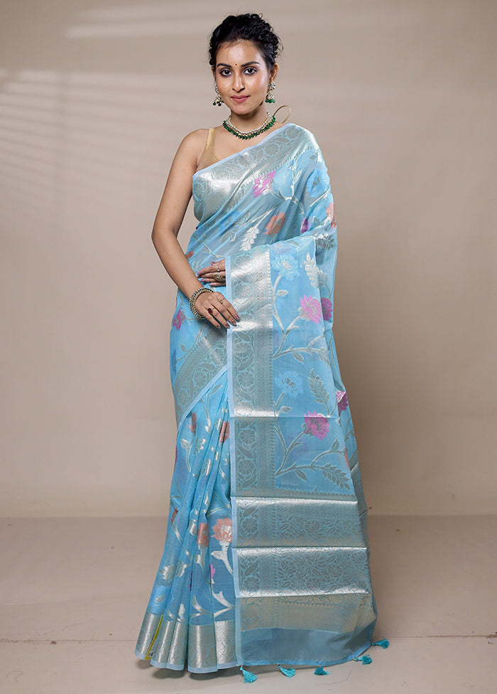 Blue Organza Saree With Blouse Piece