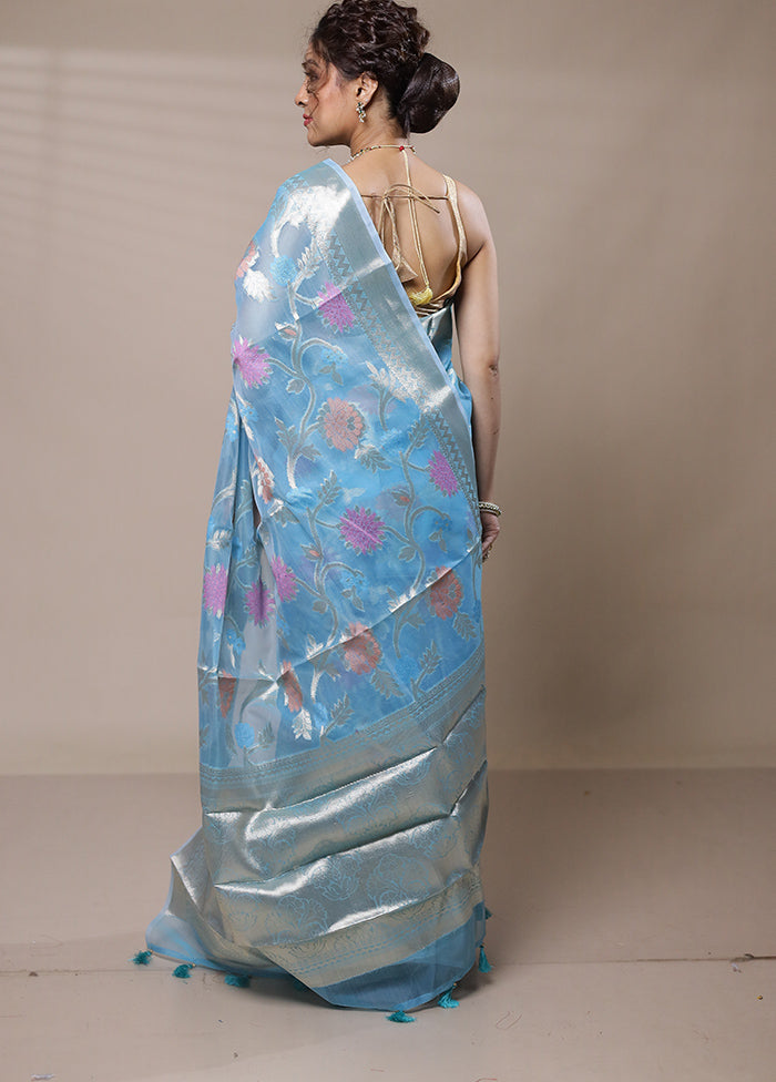 Blue Organza Saree With Blouse Piece