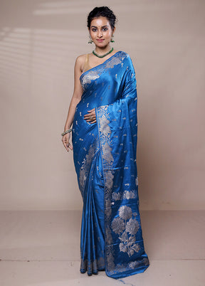 Blue Dupion Silk Saree With Blouse Piece