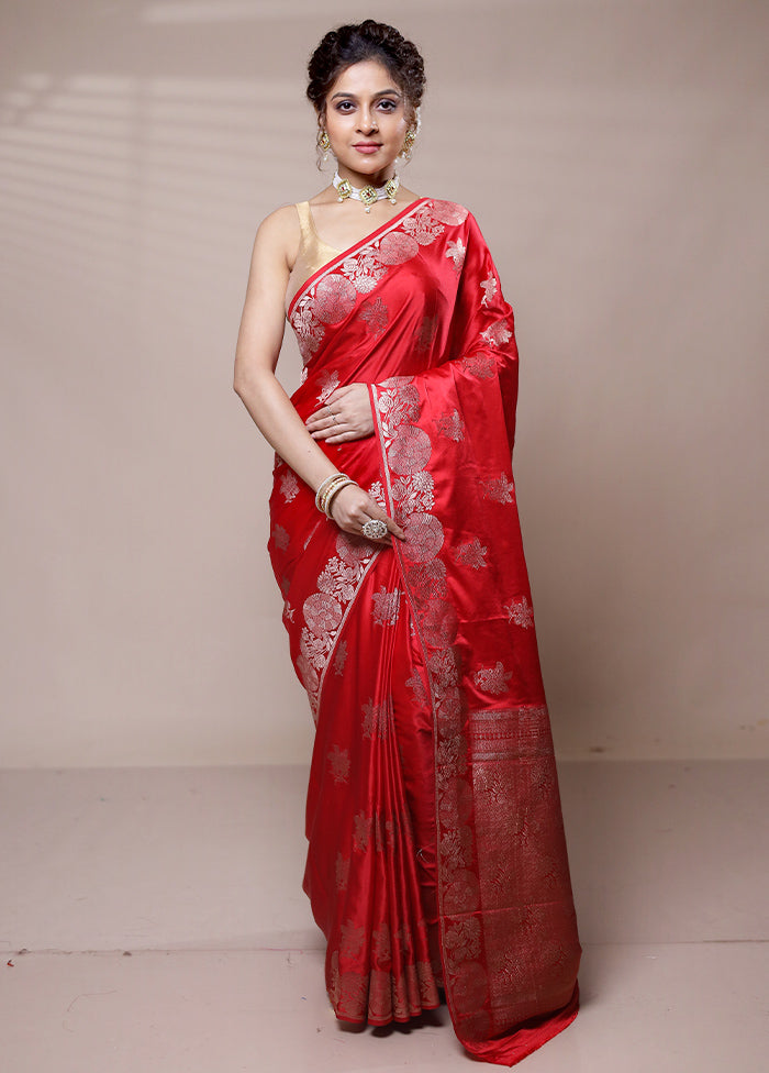 Red Dupion Silk Saree With Blouse Piece