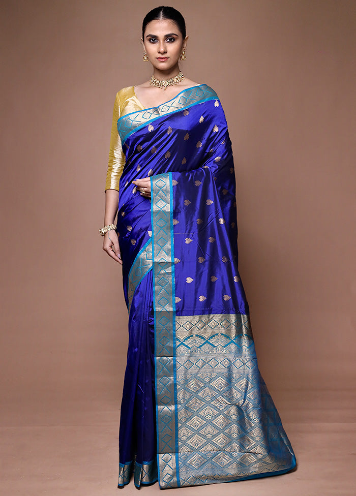 Blue Handloom Kanjivaram Pure Silk Saree With Blouse Piece